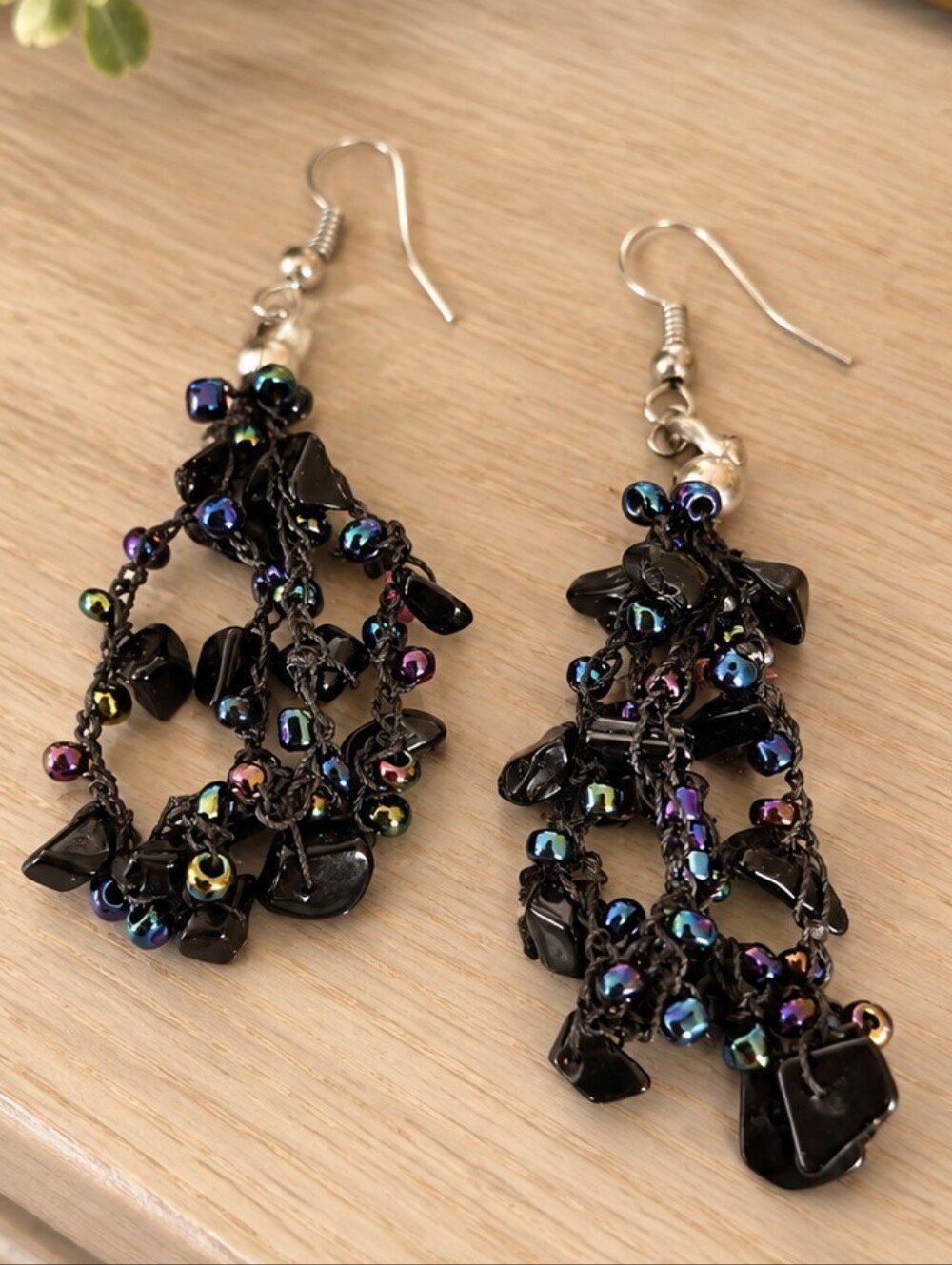 Black Seed and Chip Beaded Earrings - Pre-loved (2.5")